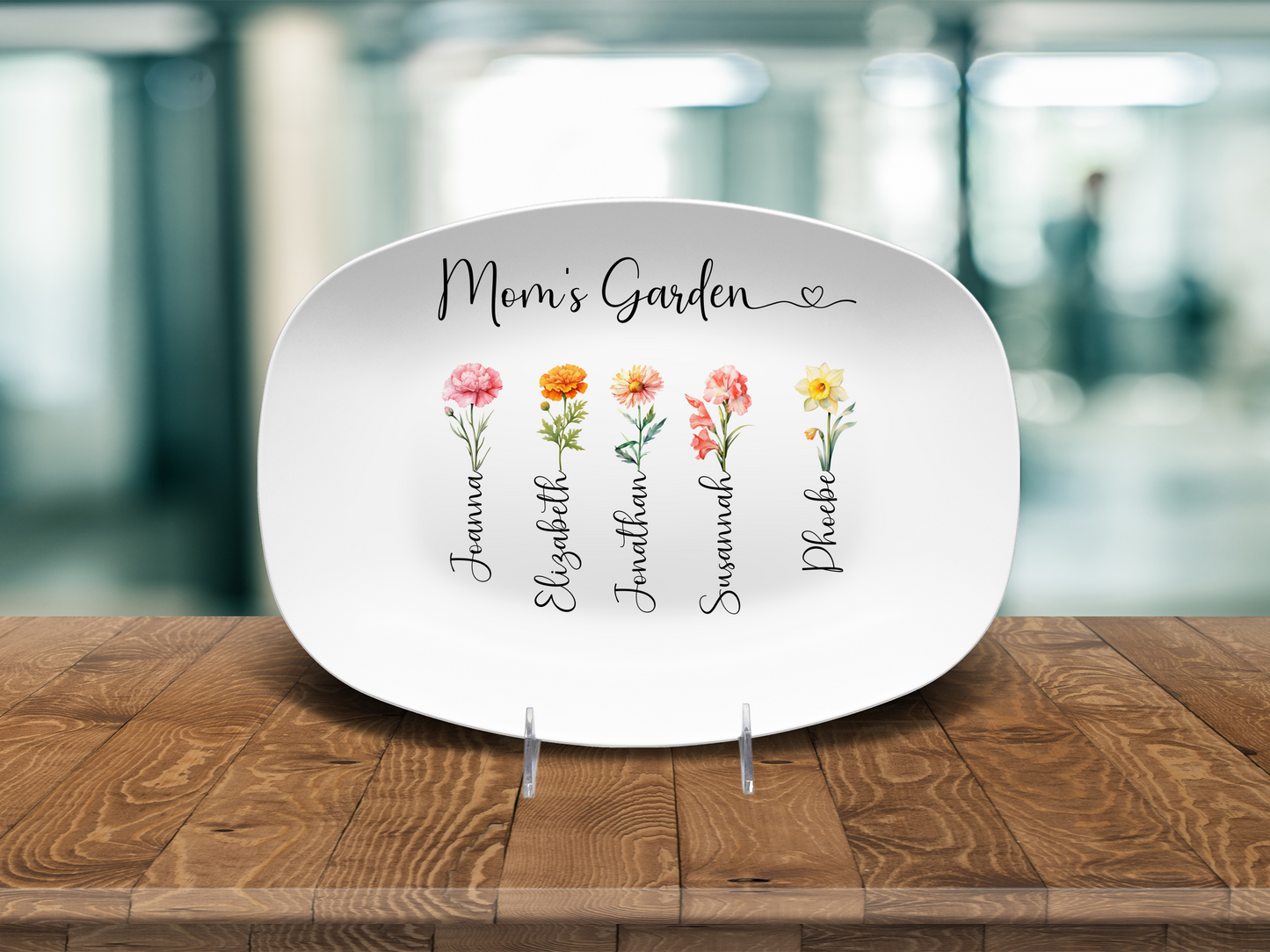 MD102 Mom’s Garden Birth Flower Platter – Personalized Gift with Children’s Names – Custom Birth Month Flower Keepsake for Mom – Mother’s Day Gift