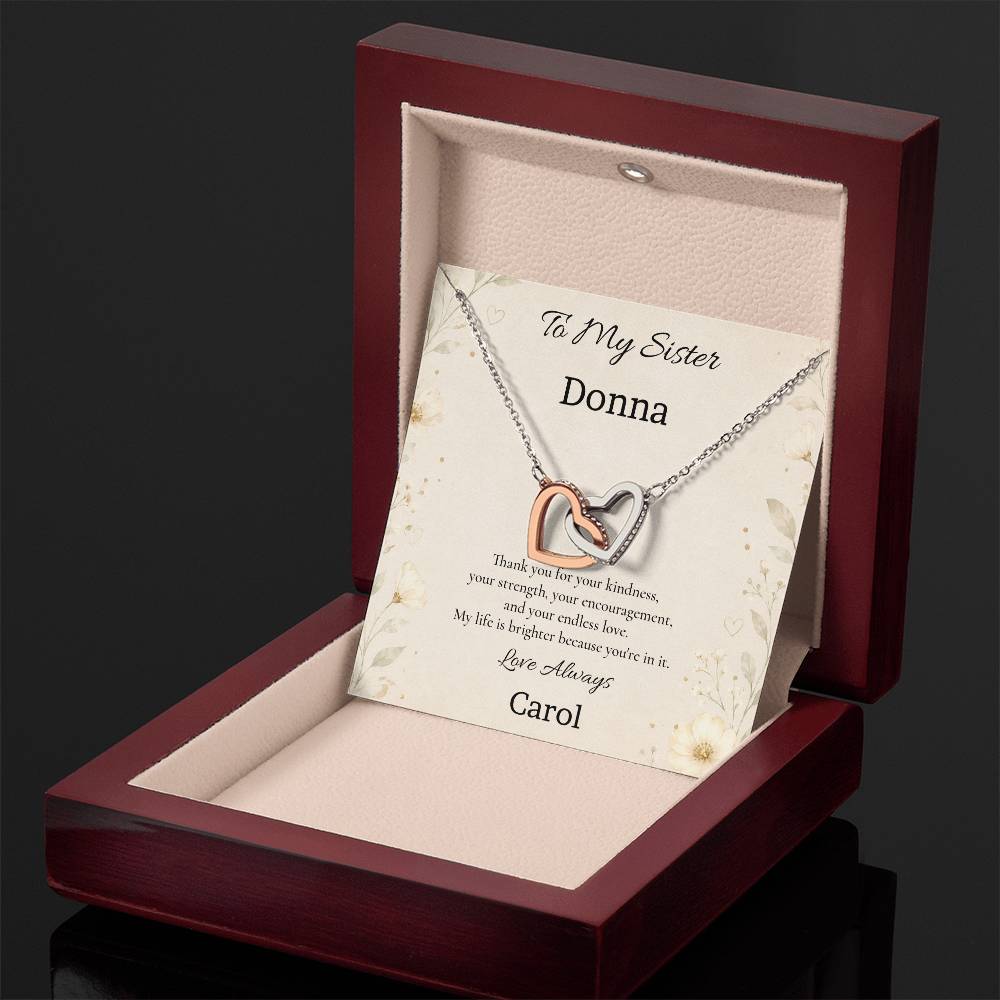 To My Sister Thank You for Your Kindness Interlocking Hearts Necklace