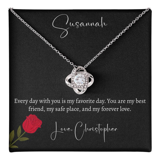 To My Wife or Girlfriend – Personalized Love Knot Necklace | My Favorite Day, My Forever Love (White Gold, Luxury LED Box)
