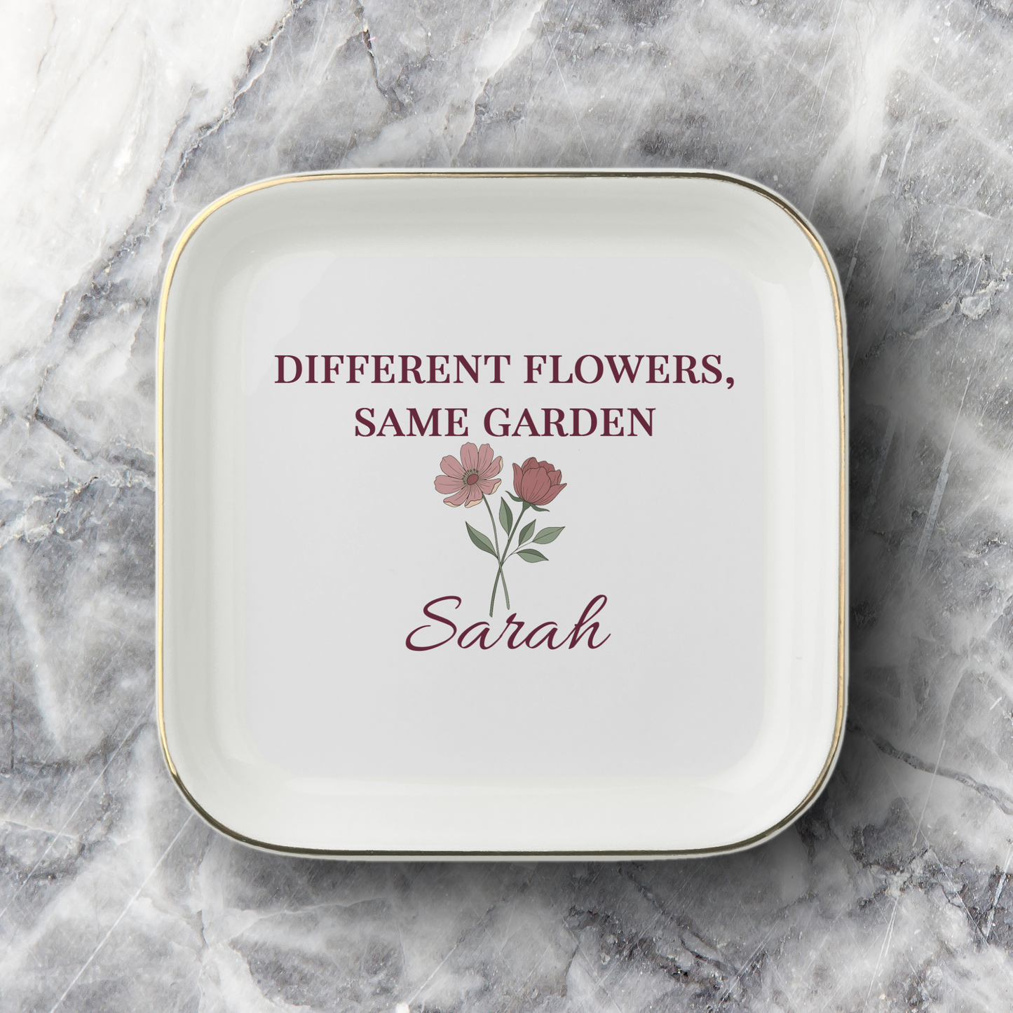 JD-002 Personalized Sister Jewelry Dish, Different Flowers Same Garden Gift, Custom Name Trinket Dish, Sister Birthday Gift