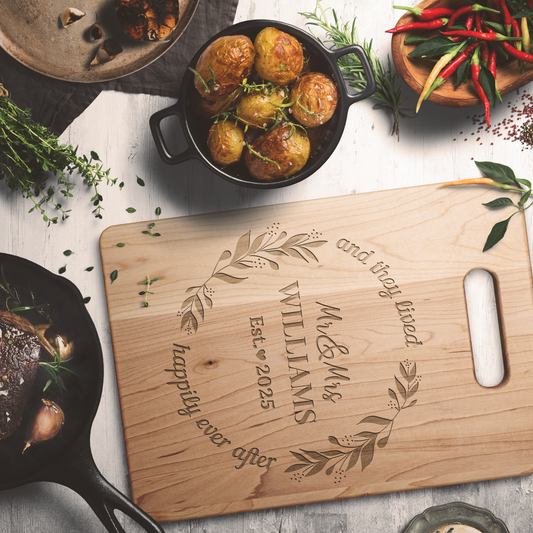 Personalized Wedding Cutting Board – Custom Family Name “Happily Ever After” Design | Handcrafted Maple | Made in the USA