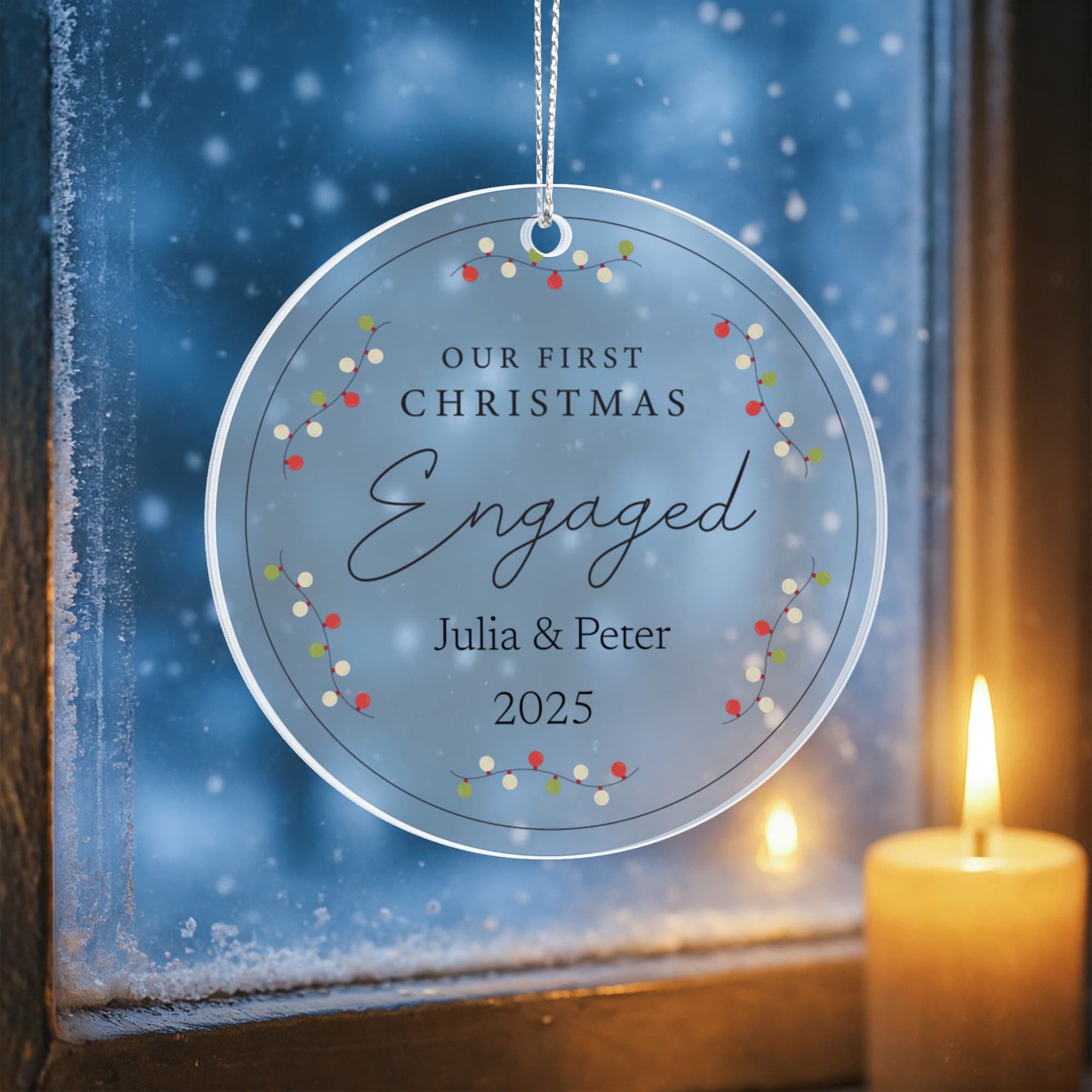 Our First Christmas Engaged Personalized Ornament – Custom Names (Acrylic or Ceramic)