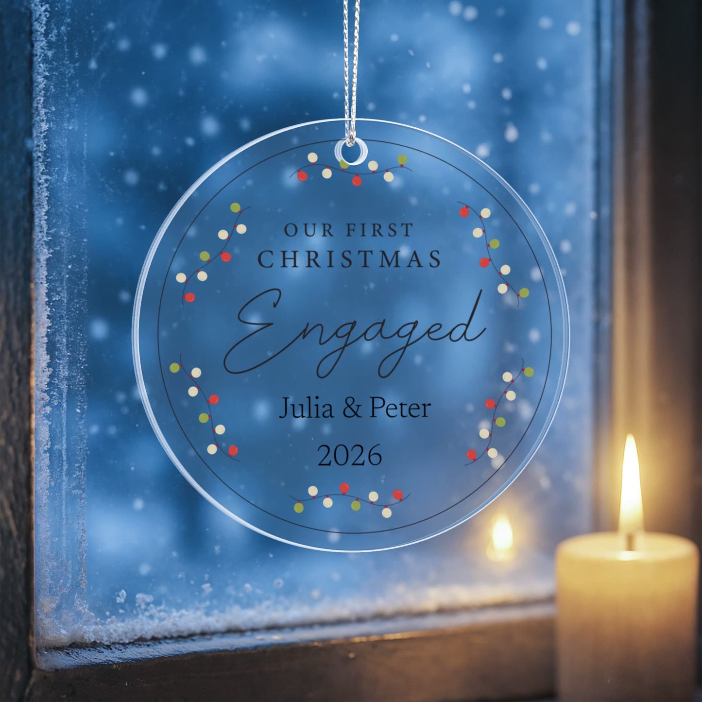 Our First Christmas Engaged Personalized Ornament – Custom Names (Acrylic or Ceramic)
