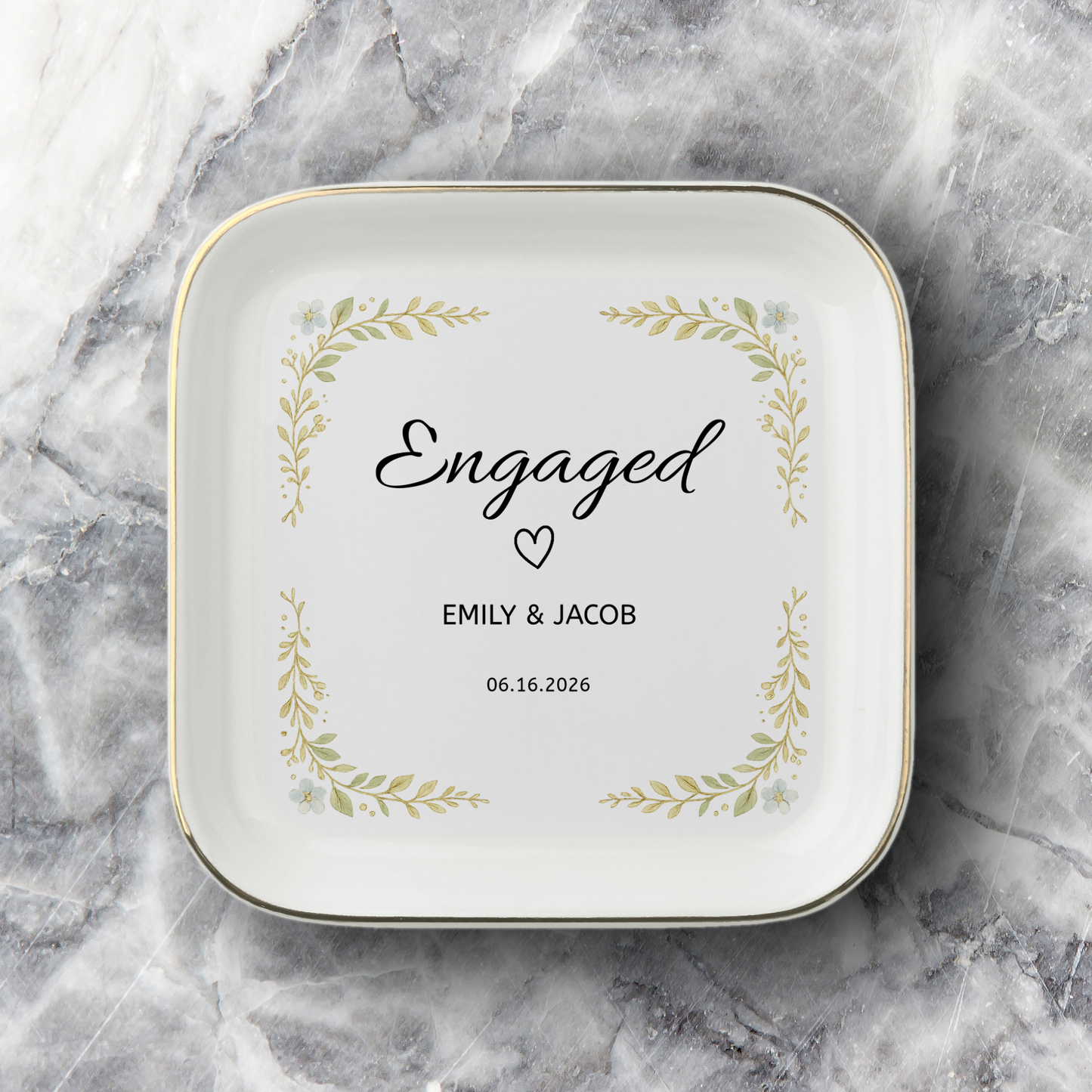 JD-004 | Personalized Engagement Ring Dish – Custom Names & Date