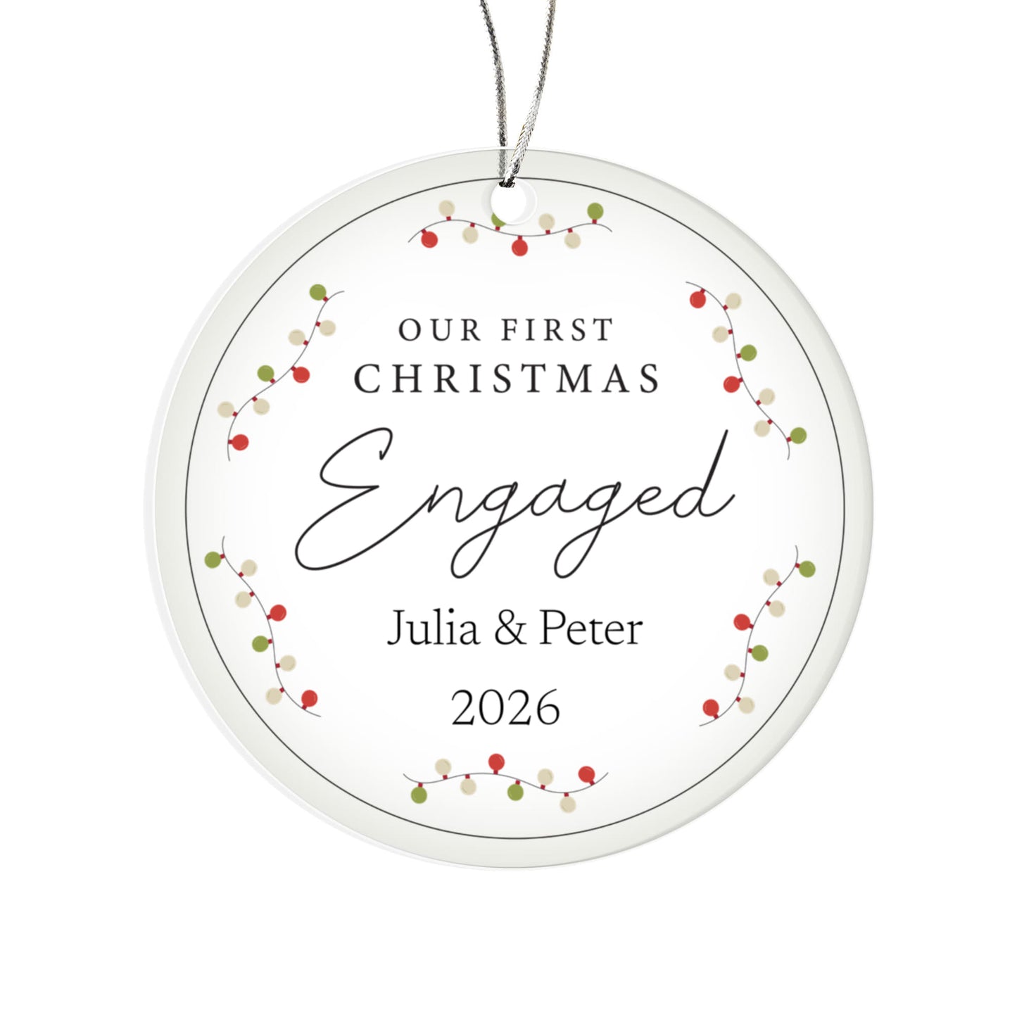 Our First Christmas Engaged Personalized Ornament – Custom Names (Acrylic or Ceramic)