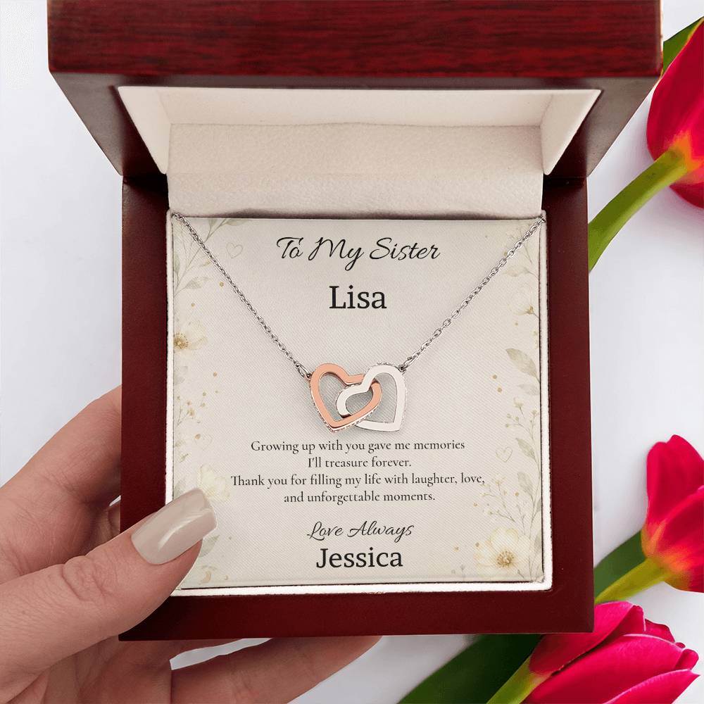 To My Sister Thank You for Filling My Life with Laughter Interlocking Hearts Necklace with personalised message card in Luxury LED Gift Box