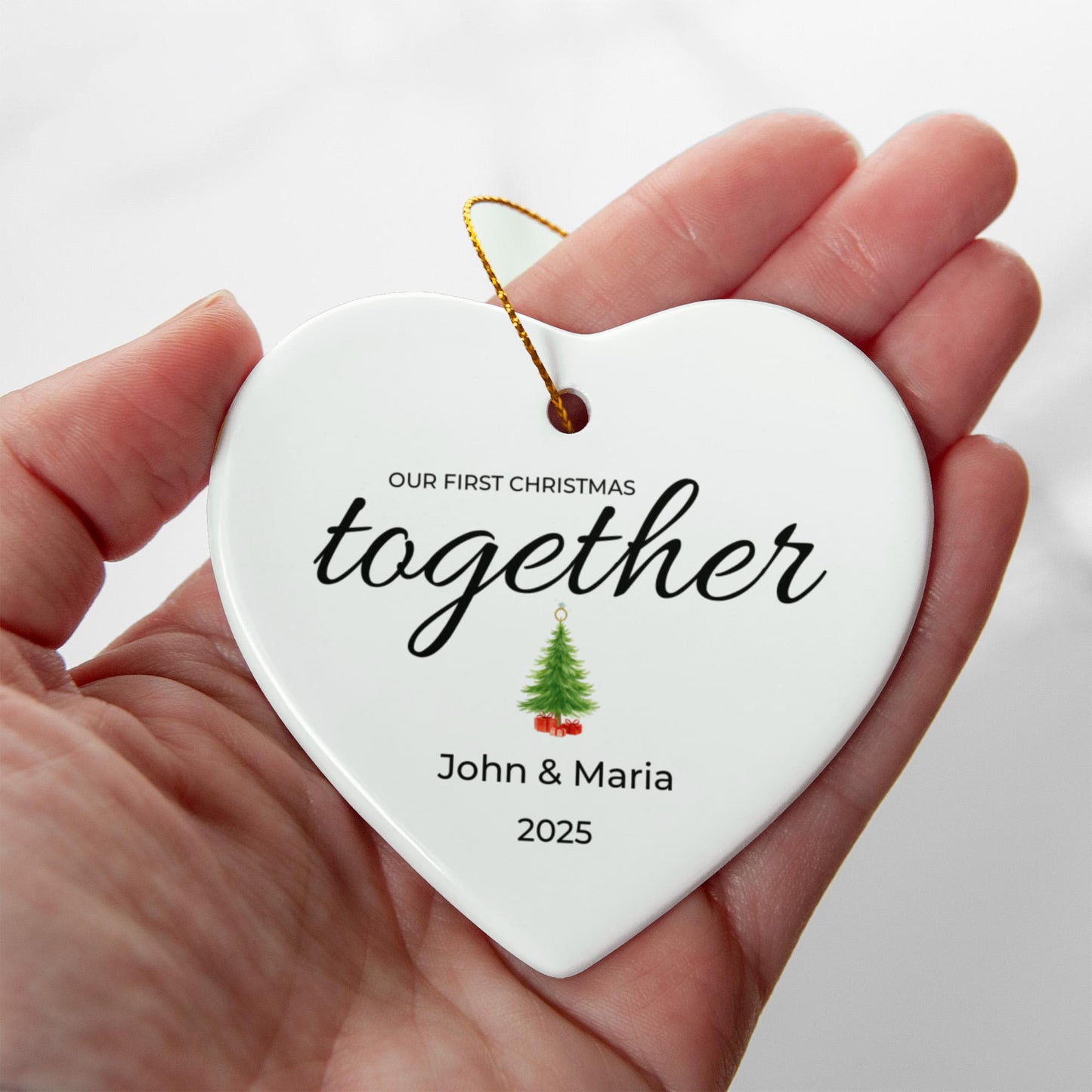 Our First Christmas Together Personalized Heart Ornament – Custom Names (Acrylic or Ceramic)
