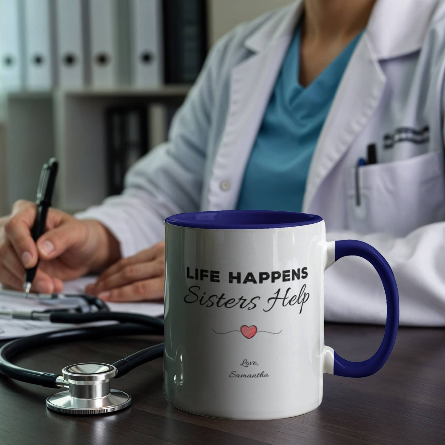 Life Happens, Sisters Help Personalized Sister Mug – Two-Tone Ceramic Coffee Mug (11oz/15oz)
