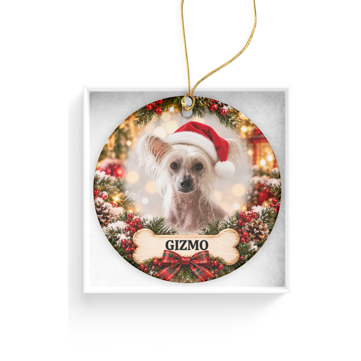 Personalized Chinese Crested Christmas Ornament, Custom Dog Portrait from Photo, Ceramic Pet Keepsake with Name