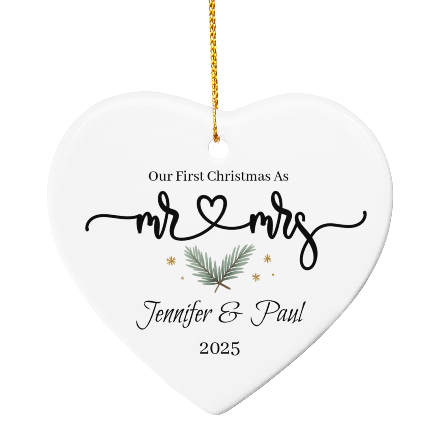 Personalized Heart-Shaped Ceramic Ornament – Our First Christmas as Mr & Mrs
