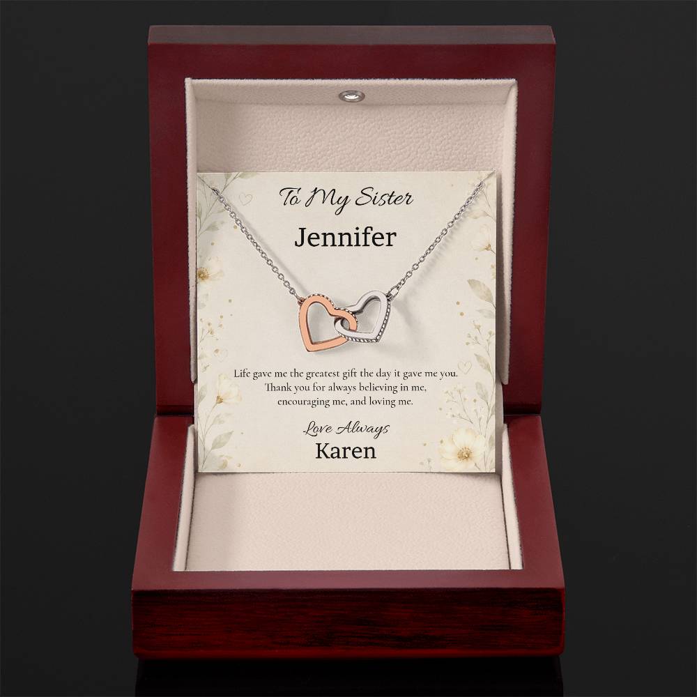 To My Sister Thank You for Believing in Me Interlocking Hearts Necklace with personalised message card in Luxury LED Gift Box
