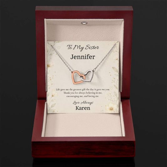 To My Sister Thank You for Believing in Me Interlocking Hearts Necklace with personalised message card in Luxury LED Gift Box