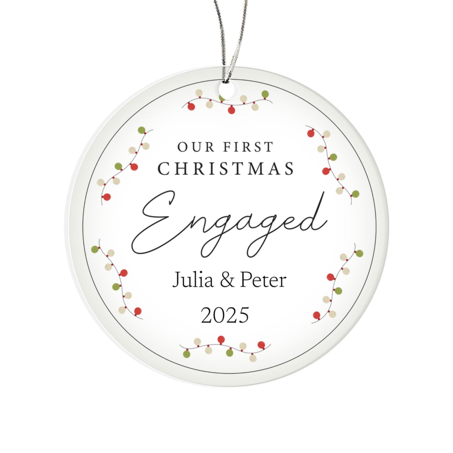 Our First Christmas Engaged Personalized Ornament – Custom Names (Acrylic or Ceramic)
