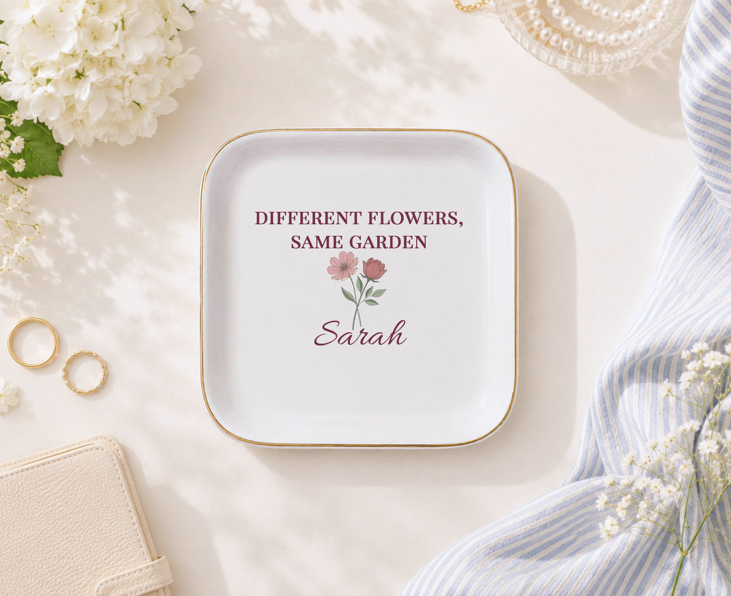 JD-002 Personalized Sister Jewelry Dish, Different Flowers Same Garden Gift, Custom Name Trinket Dish, Sister Birthday Gift