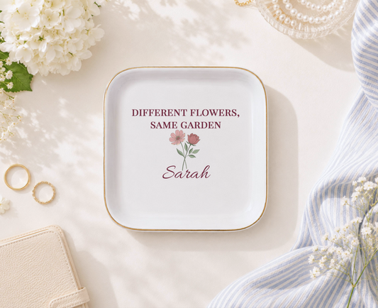 JD-002 Personalized Sister Jewelry Dish, Different Flowers Same Garden Gift, Custom Name Trinket Dish, Sister Birthday Gift