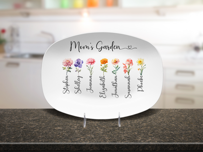 MD102 Mom’s Garden Birth Flower Platter – Personalized Gift with Children’s Names – Custom Birth Month Flower Keepsake for Mom – Mother’s Day Gift