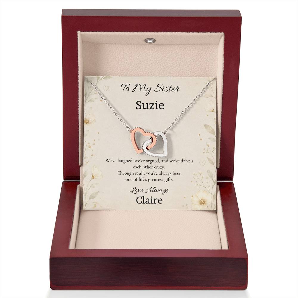 To My Sister One of Life's Greatest Gifts Interlocking Hearts Necklace with personalised message card in Luxury LED Gift Box