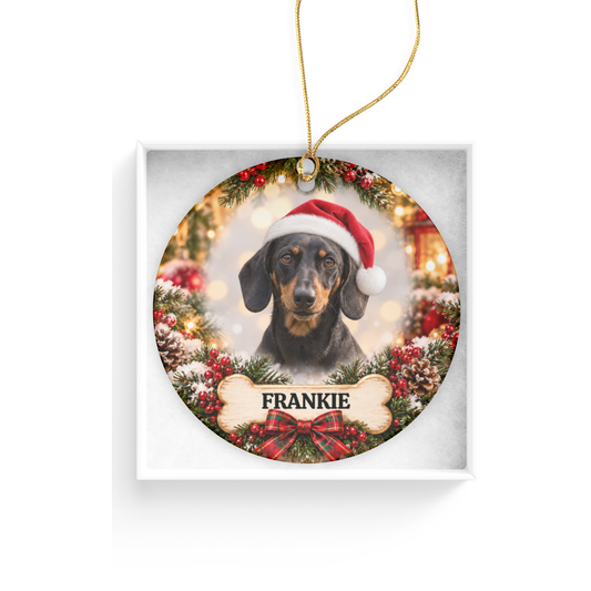 Personalized Dachshund Christmas Ornament, Custom Dog Portrait from Photo, Ceramic Wiener Dog Keepsake with Name