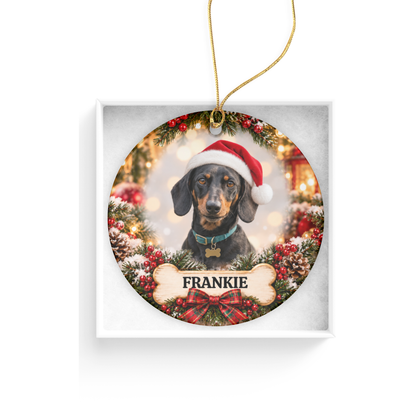Personalized Dachshund Christmas Ornament, Custom Dog Portrait from Photo, Ceramic Wiener Dog Keepsake with Name