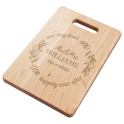 Personalized Wedding Cutting Board – Custom Family Name “Happily Ever After” Design | Handcrafted Maple | Made in the USA