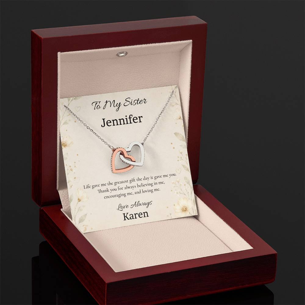 To My Sister – Thank You for Believing in Me Interlocking Hearts Necklace