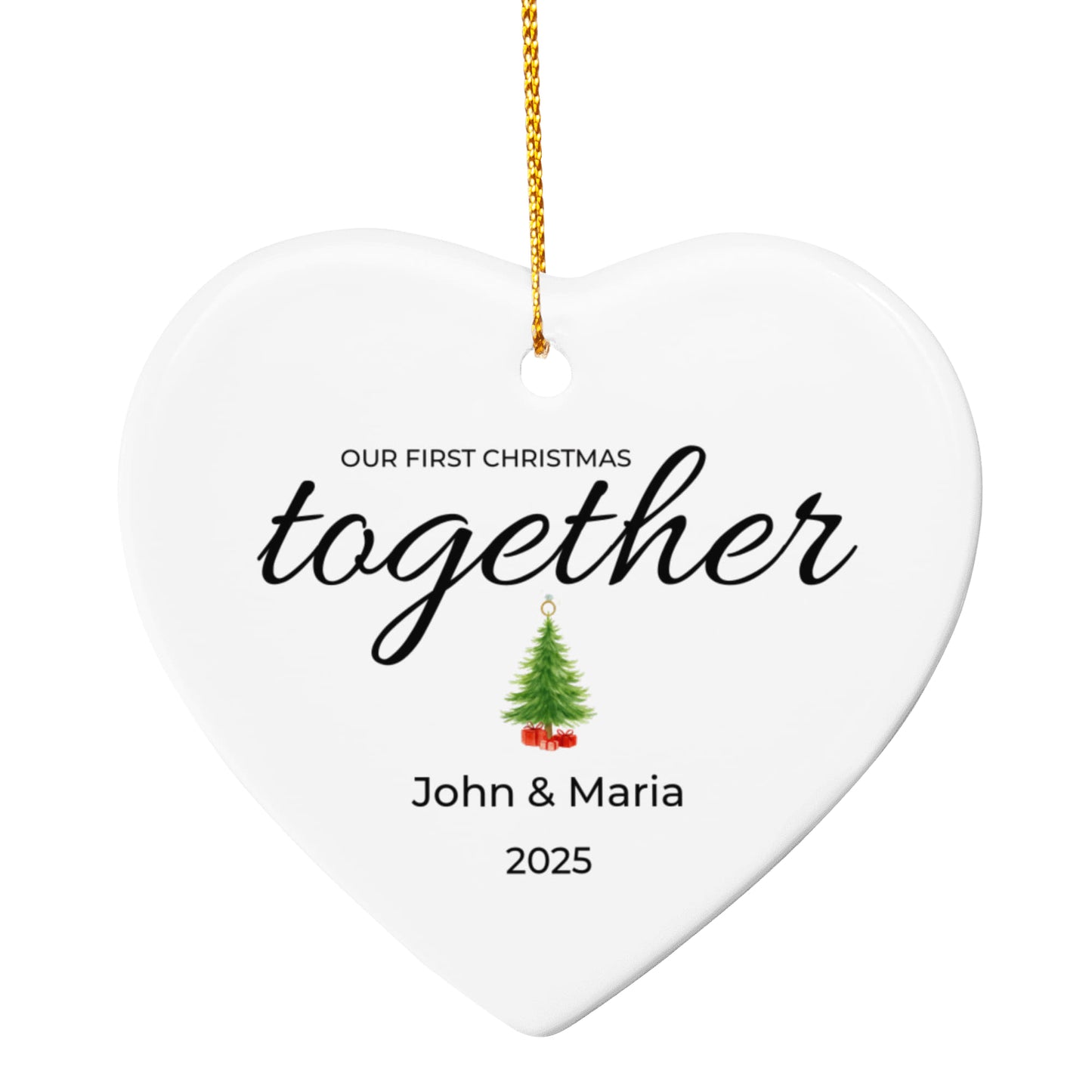 Our First Christmas Together Personalized Heart Ornament – Custom Names (Acrylic or Ceramic)