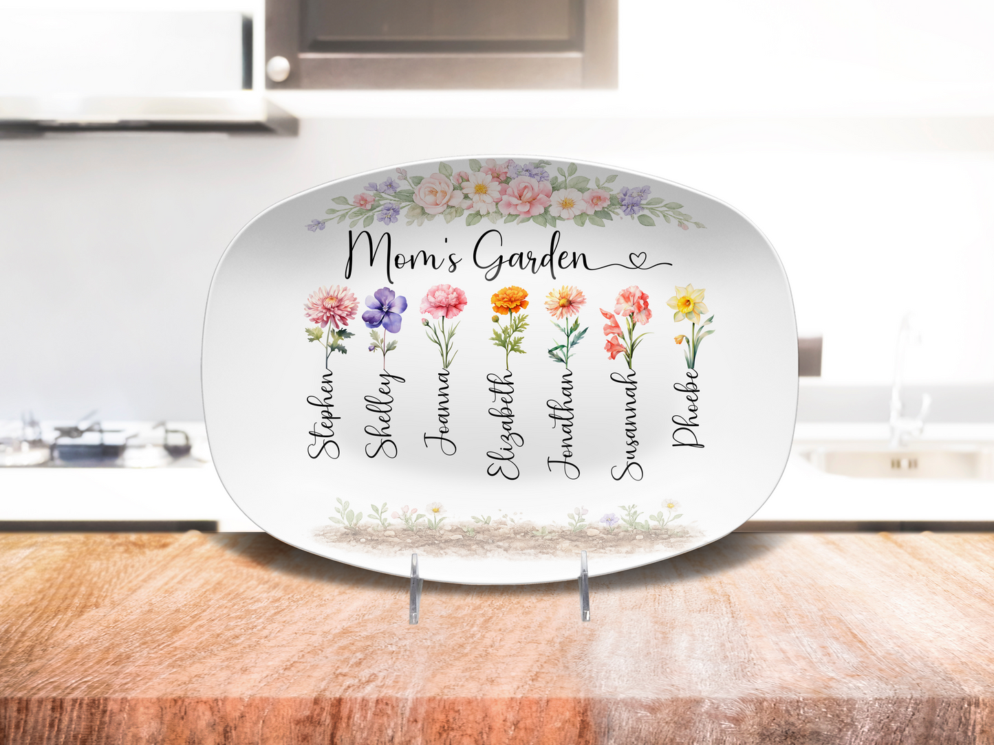 Mom’s Garden Birth Flower Platter – Personalized Mother’s Day Gift for Mom from Kids – Custom Family Birth Month Flowers Plate – Mom Kitchen Decor Gift