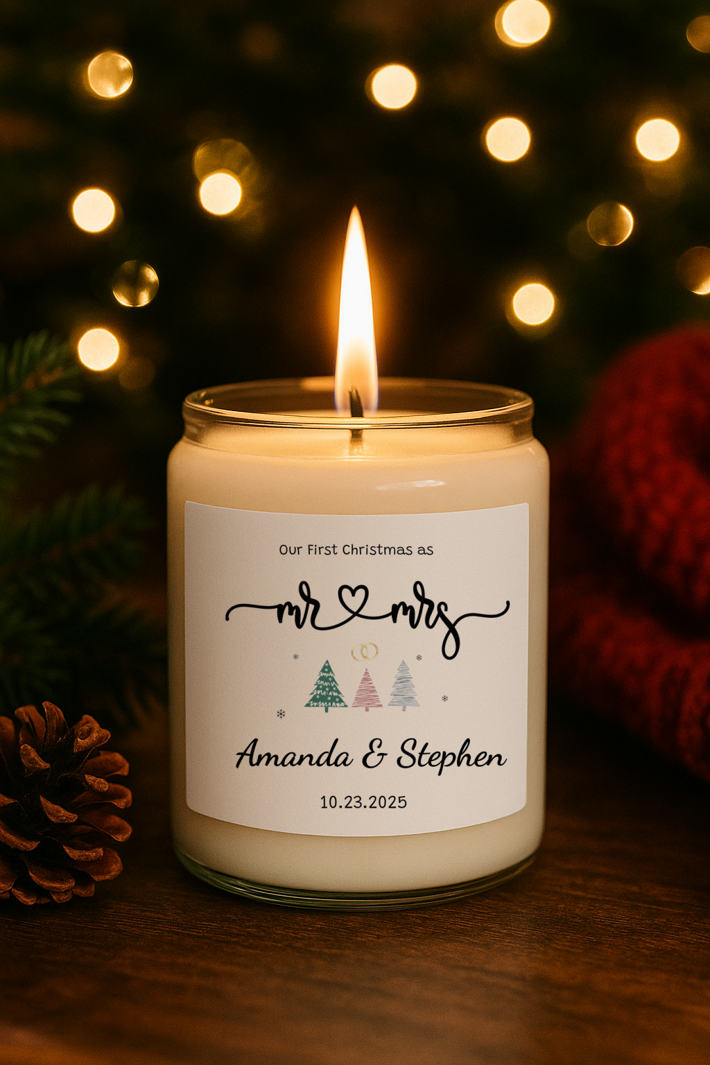 Our First Christmas as Mr & Mrs - Personalized Soy Candle – Romantic Newlywed Gift, 9oz Jar with Multiple Scents