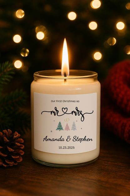 Our First Christmas as Mr & Mrs - Personalized Soy Candle – Romantic Newlywed Gift, 9oz Jar with Multiple Scents