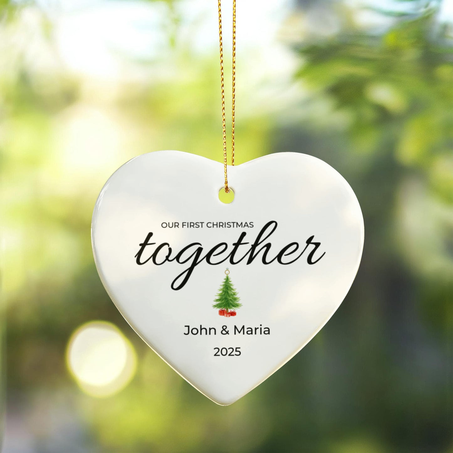 Our First Christmas Together Personalized Heart Ornament – Custom Names (Acrylic or Ceramic)