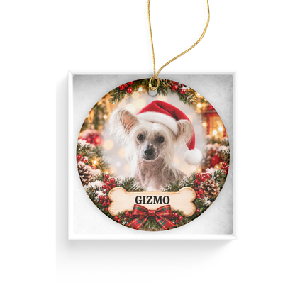 Personalized Chinese Crested Christmas Ornament, Custom Dog Portrait from Photo, Ceramic Pet Keepsake with Name