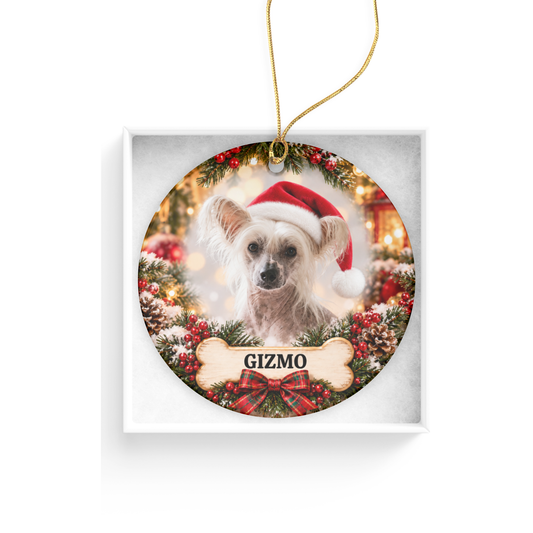 Personalized Chinese Crested Christmas Ornament, Custom Dog Portrait from Photo, Ceramic Pet Keepsake with Name
