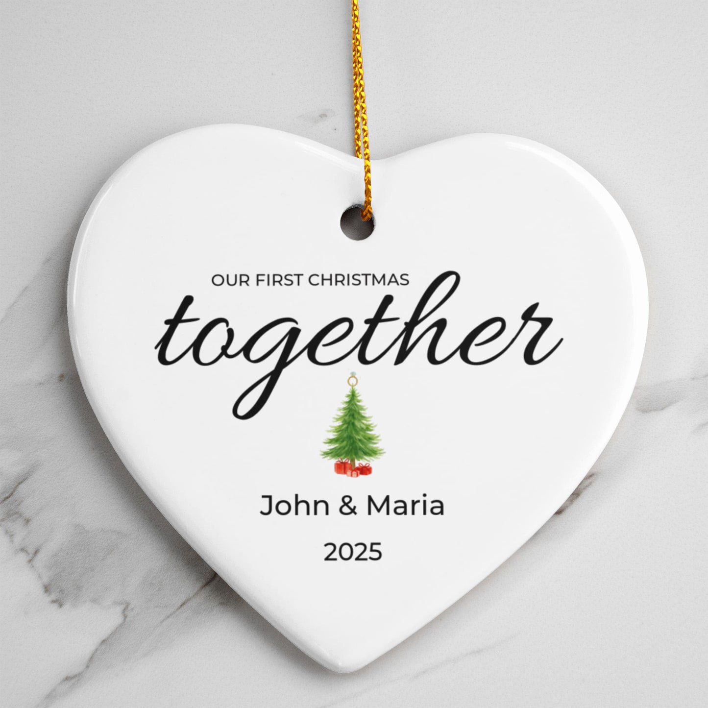 Our First Christmas Together Personalized Heart Ornament – Custom Names (Acrylic or Ceramic)