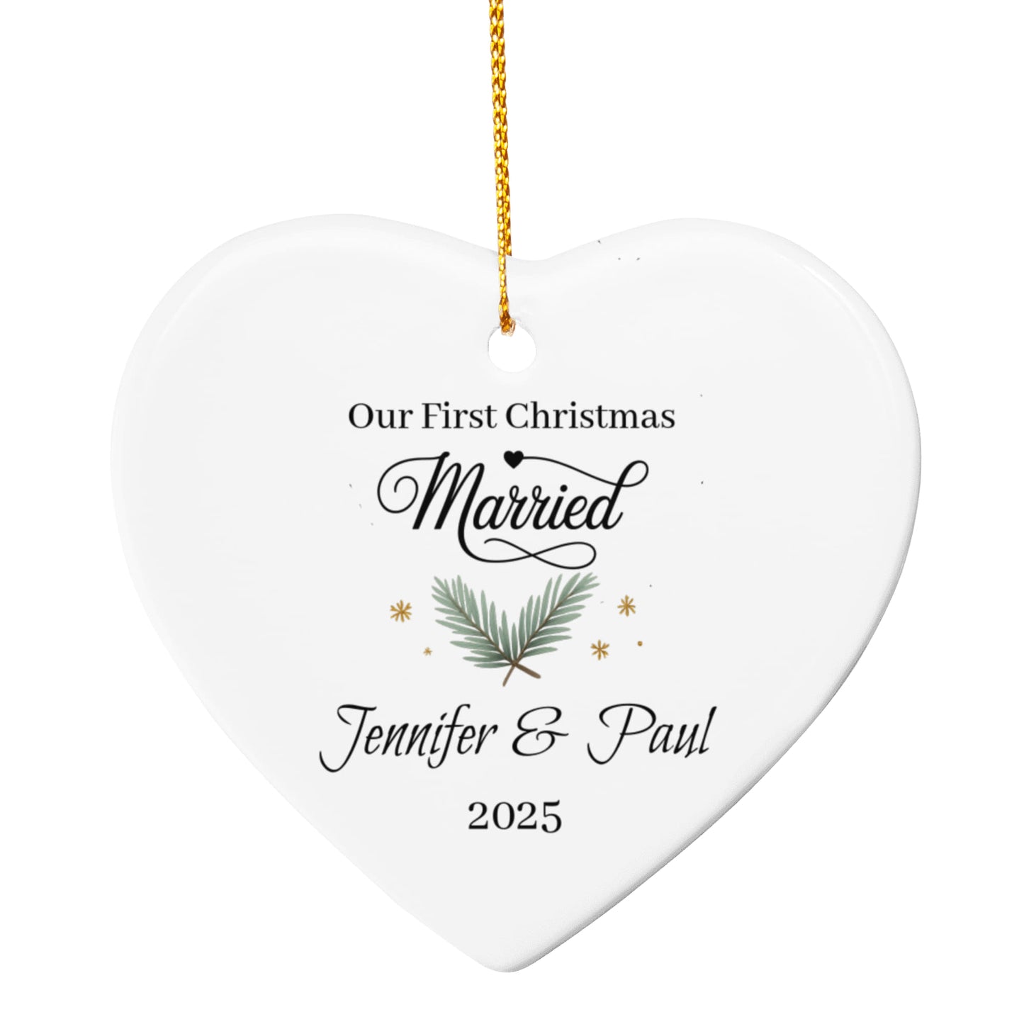 Personalized Heart-Shaped Ceramic Ornament – Our First Christmas Married Keepsake