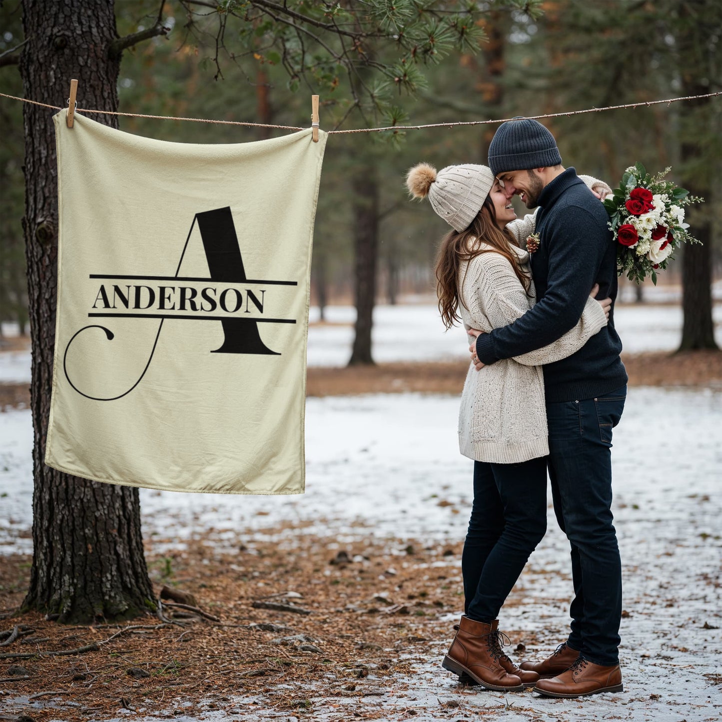 Personalized Couples Fleece Blanket – Custom Surname & Initial Motif – Cozy Coral Fleece Throw Gift for Weddings & Anniversaries