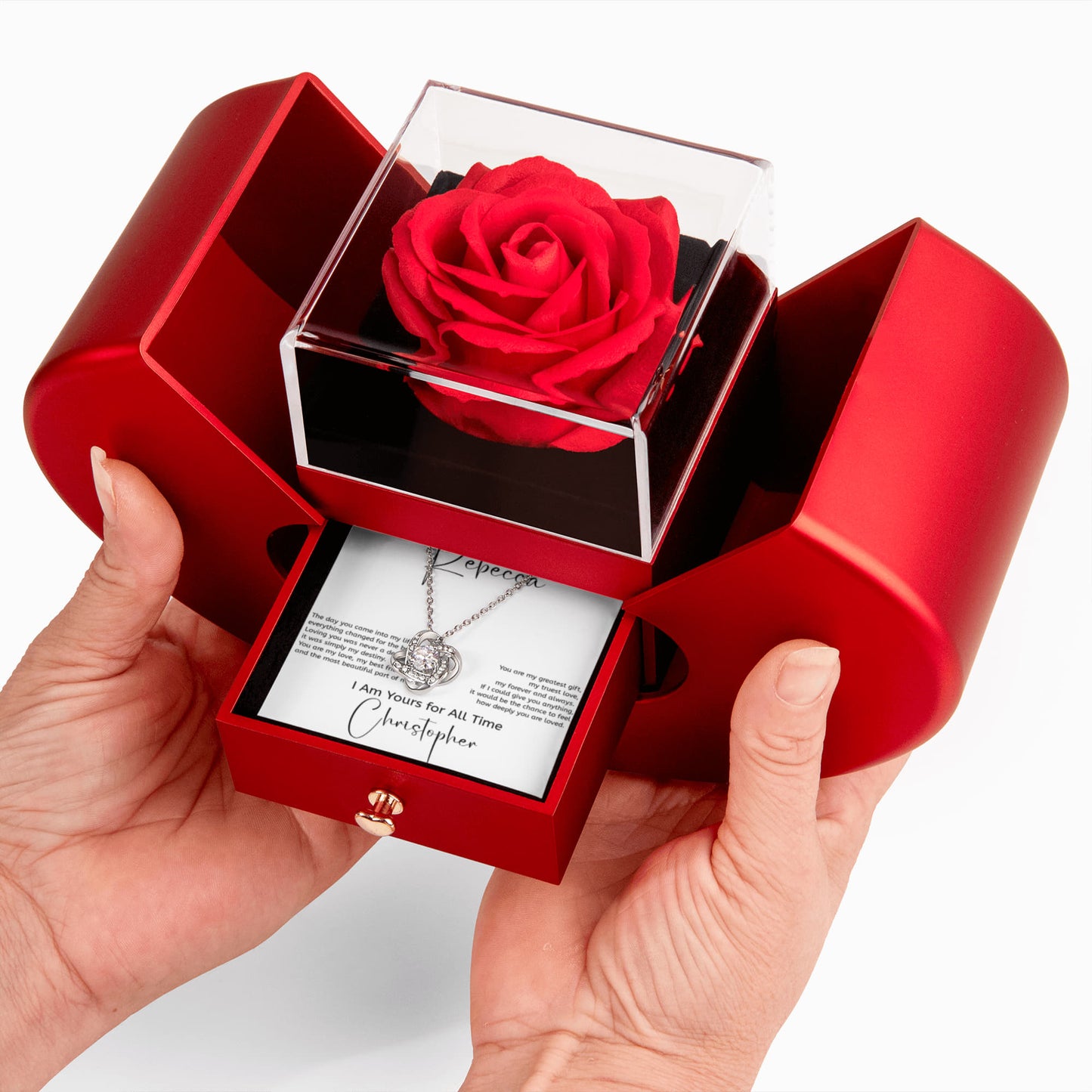 Red Rose Gift Box with Love Knot Necklace – Elegant Personalized Romantic Keepsake