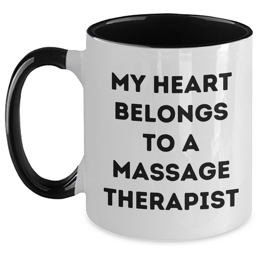 Funny Massage Therapist Gifts from Friends, Two Tone Coffee Mugs for Him, My Heart Belongs To A Massage Therapist Quote, Father's Day Unique Gifts - Main