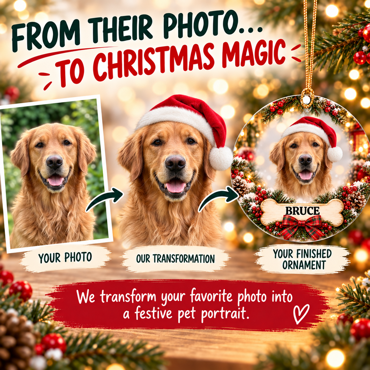 Bruce’s original pet photo transformed into a personalized Christmas ornament