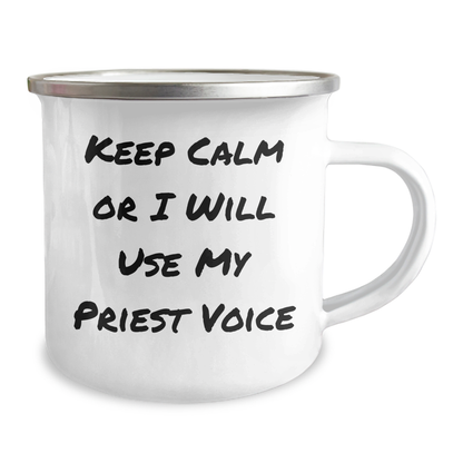Funny Priest Gifts for Men on Father's Day - 'Keep Calm Or I Will Use My Priest Voice' Camping Mug - Image 2