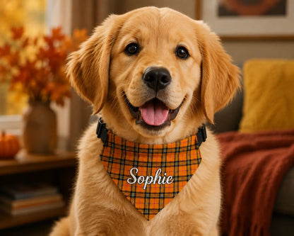 Personalized Fall Plaid Dog Bandana with Name – Clip-On Collar