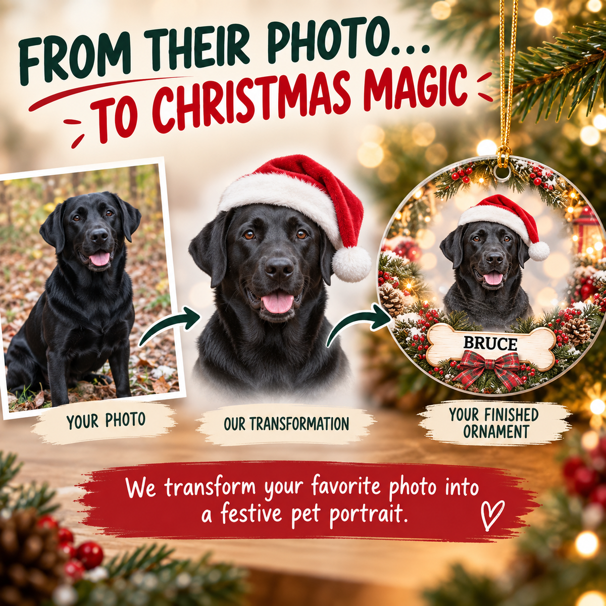 Personalized Dog Christmas Portrait Ceramic Ornament