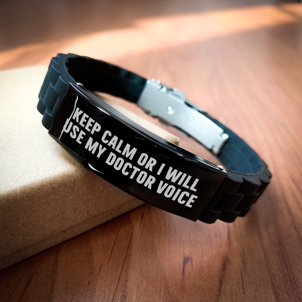 Funny Doctor Gifts - Keep Calm Or I Will Use My Doctor Voice Glide lock Clasp Bracelet for Men, Black Stainless Steel, Silver, Silicone, Adjustable, Premium Bag, Father's Day Unique Gifts from Family - Image 2