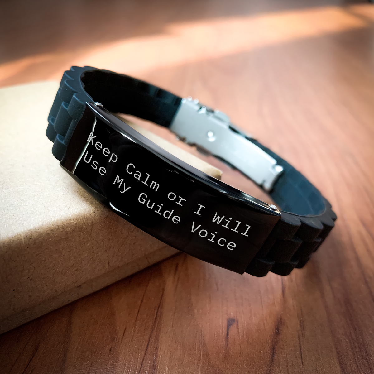 Guide Lovers' Humorous Keepsake, 'Keep Calm Or I Will Use My Guide Voice' Glide lock Clasp Black Stainless Steel Adjustable Gift for Men from Friends - Image 2