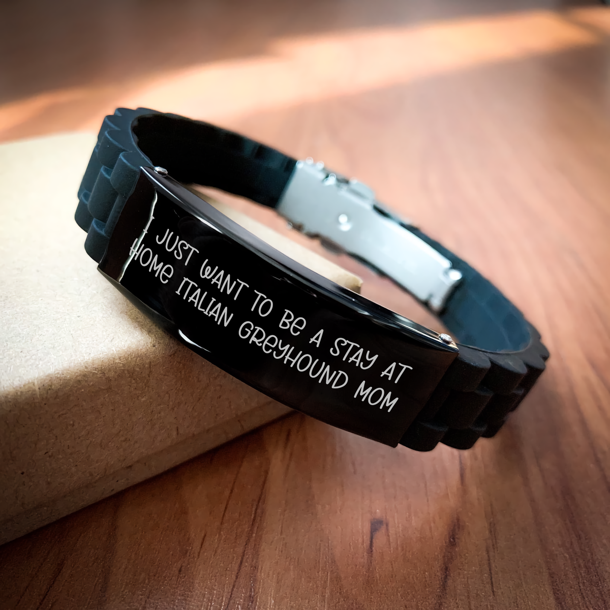 Funny Italian Greyhound Dog Mom Gifts for Men - Glide lock Clasp Black Stainless Steel Silicone Adjustable 9.05 inch - I Just Want To Be A Stay At Home Italian Greyhound Mom - Gifts from Mom - Image 2