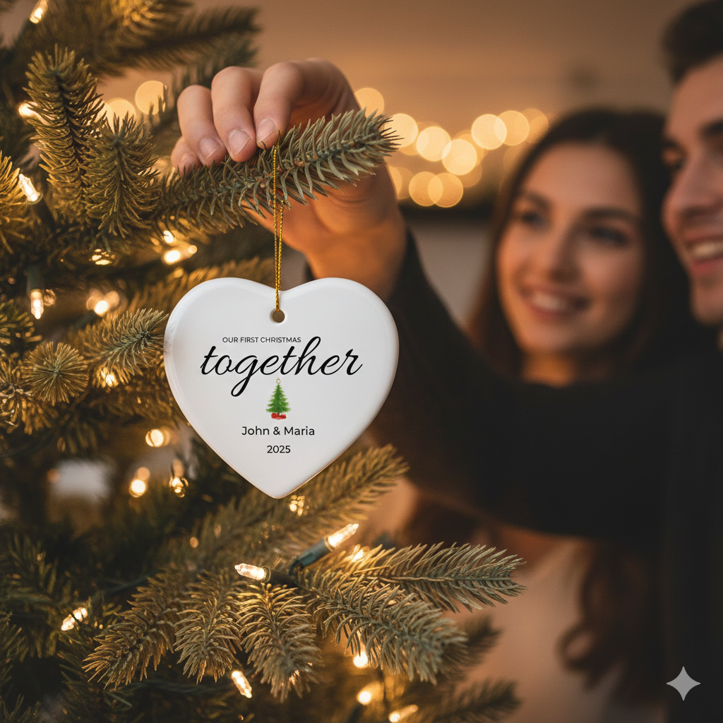 Our First Christmas Together Personalized Heart Ornament – Custom Names (Acrylic or Ceramic)