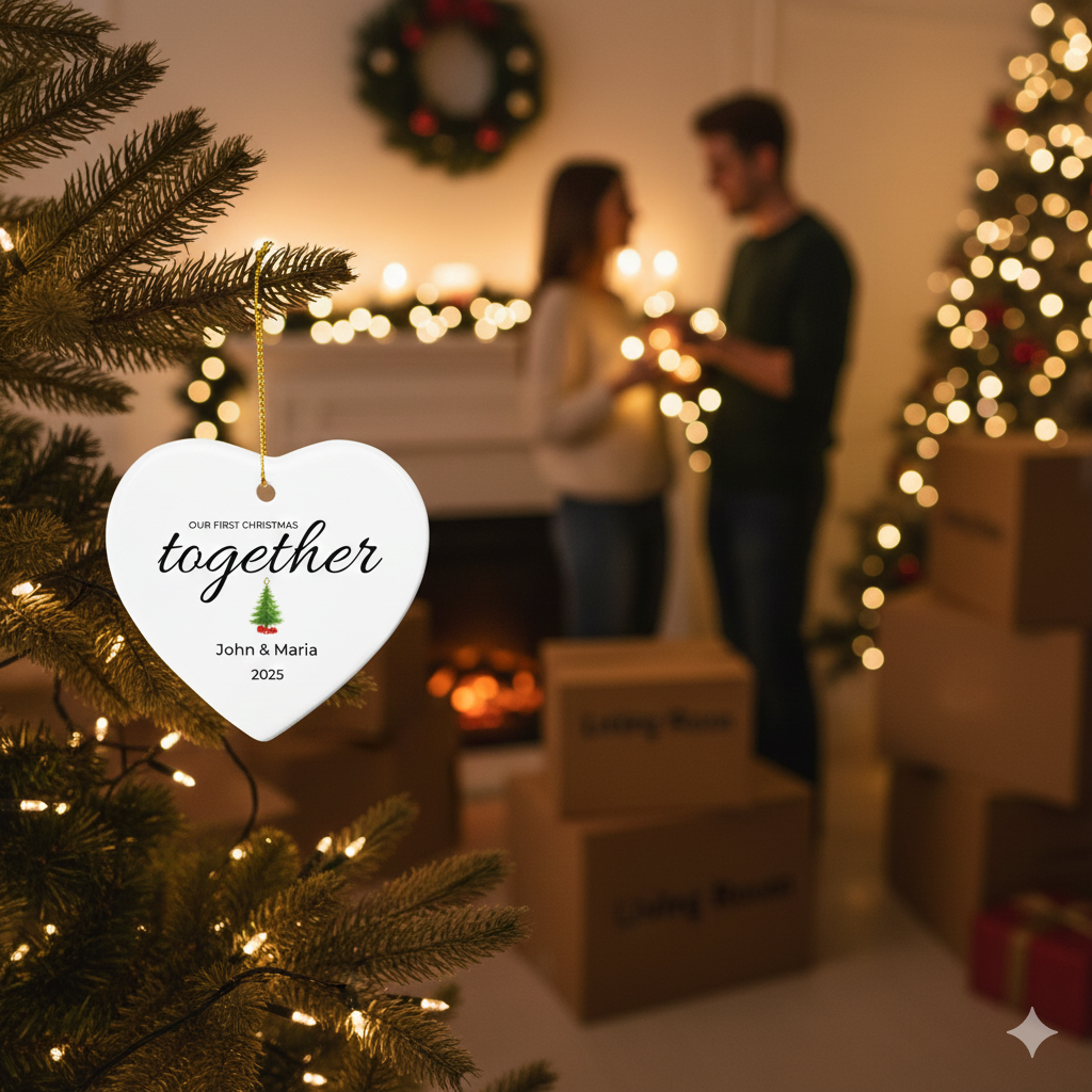 Our First Christmas Together Personalized Heart Ornament – Custom Names (Acrylic or Ceramic)
