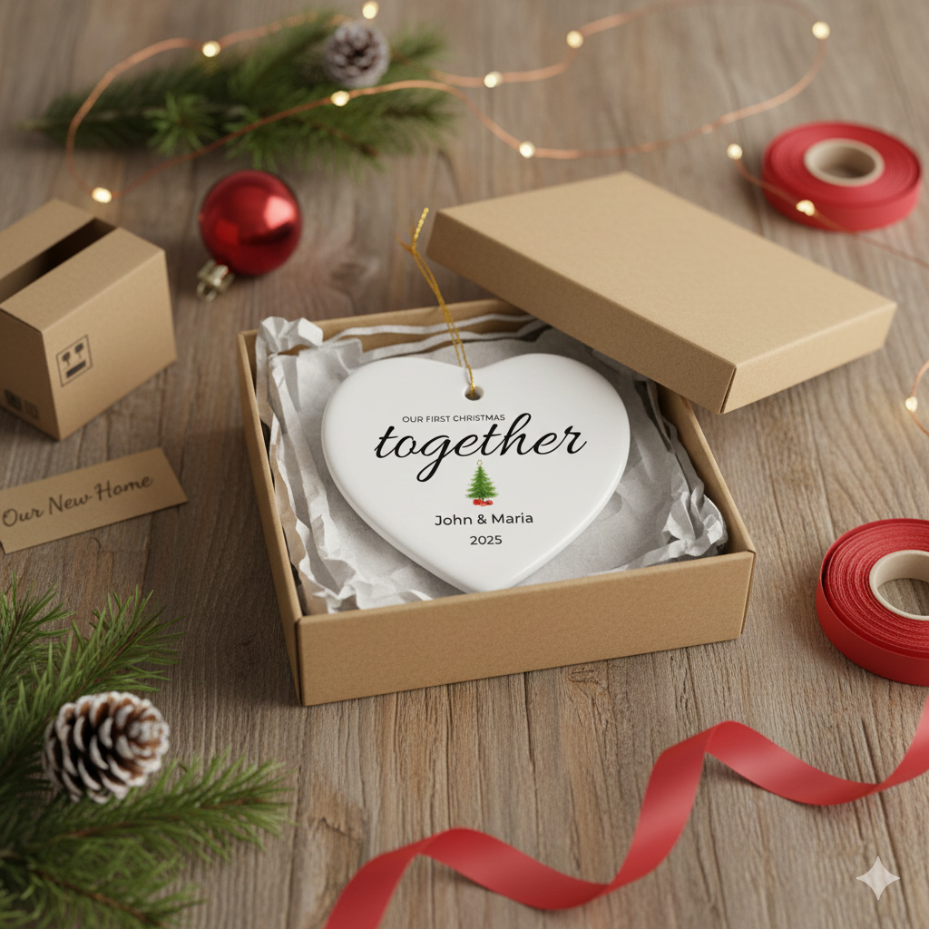 Our First Christmas Together Personalized Heart Ornament – Custom Names (Acrylic or Ceramic)
