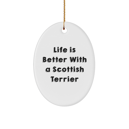Life Is Better With A Scottish Terrier, Scottish Terrier Dog Oval Ornament, Christmas Unique Gift for Friends and Family, Gold-Tone Hanging Ornament, White Sturdy MDF - Image 1