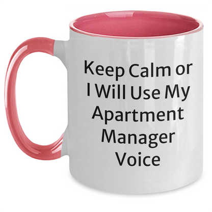 Funny Apartment Manager Gifts from Friends and Family for Mother's Day - Two Tone Coffee Mug with 'Keep Calm or I Will Use My Apartment Manager Voice' Quote - Gifts for Apartment Manager - Main