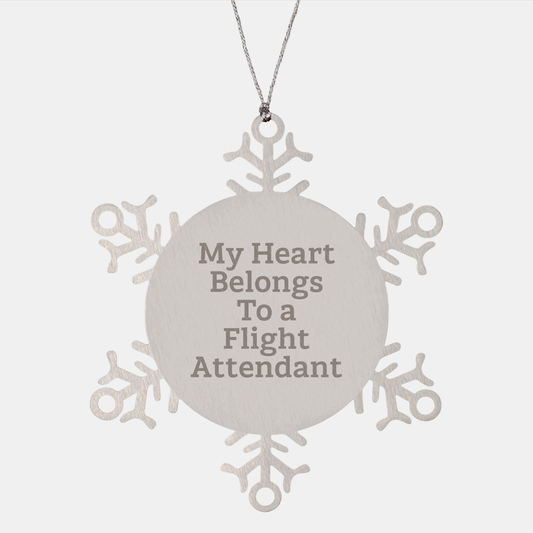 Funny Flight Attendant Gifts from Friends, Unique Snowflake Ornament for Christmas, 'My Heart Belongs To A Flight Attendant' Quote - Image 1